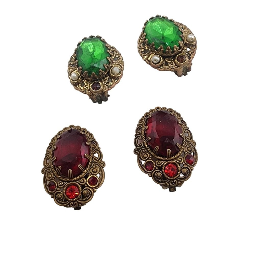 2 Pairs of W Germany Glass And Brass Filigree Signed Clip Earrings (A4947)
